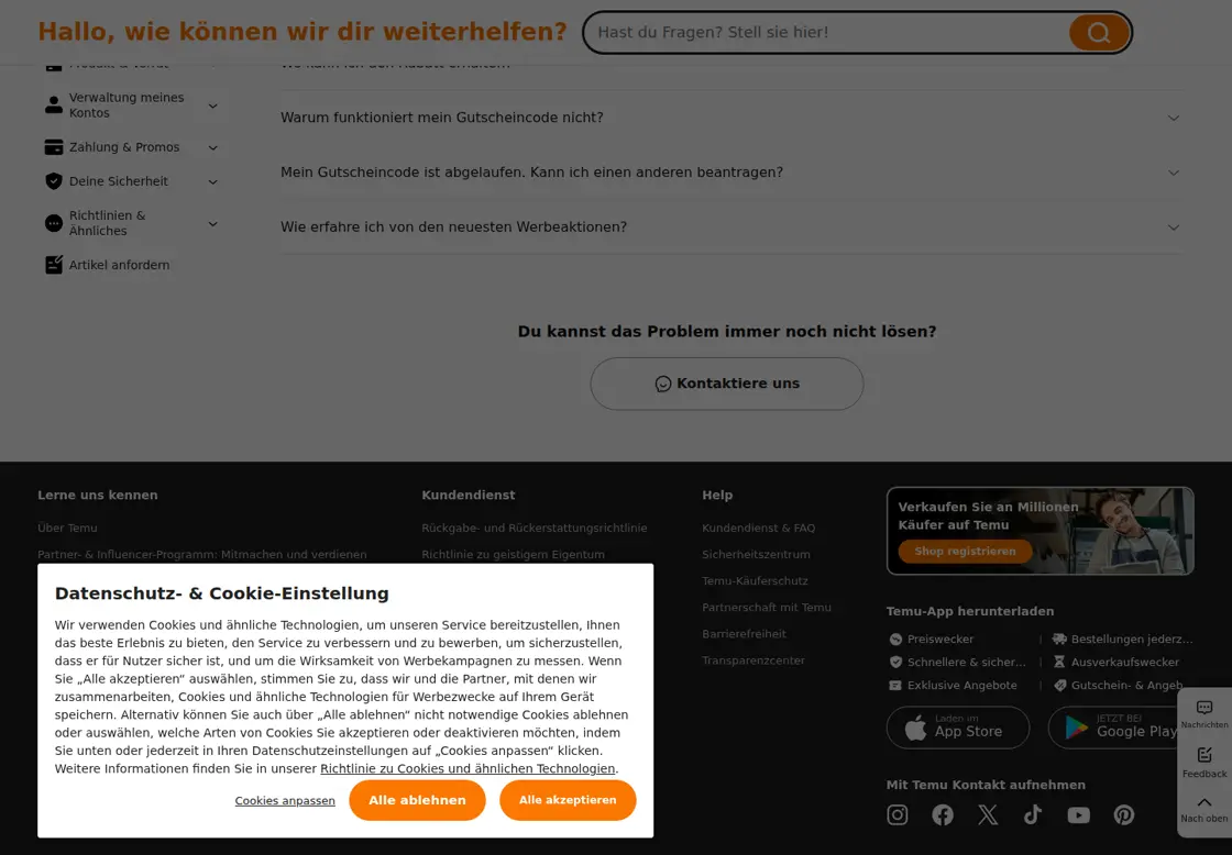 Temu Online-Shop Screenshot des Versand und Lieferung Hilfebereichs