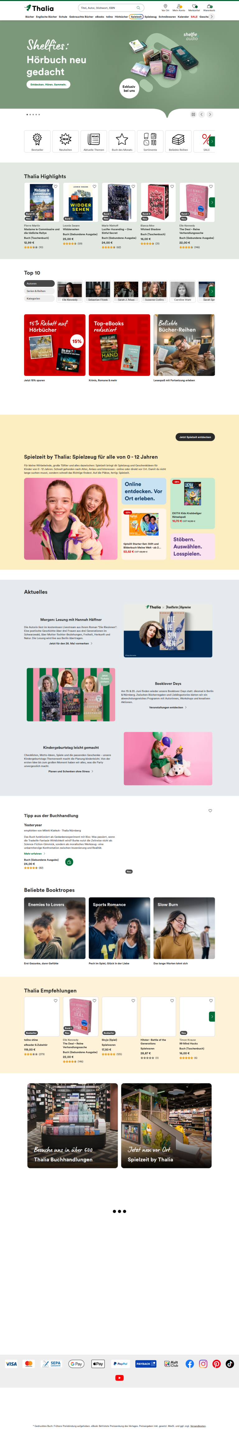 Thalia Online-Shop Screenshot mit Startseite, Suche und Sortiment