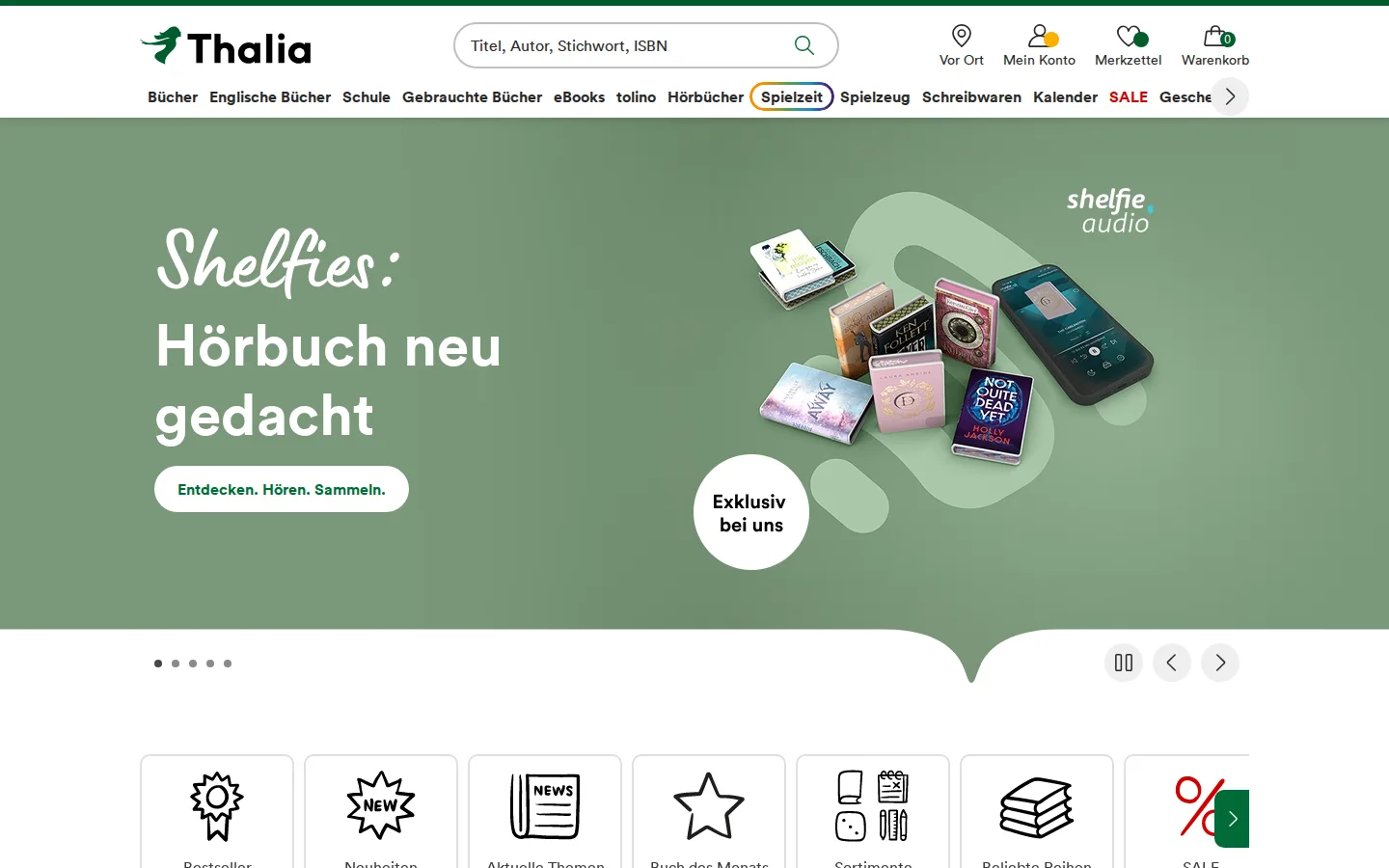 Thalia Online-Shop Screenshot mit Startseite, Suche und Sortiment