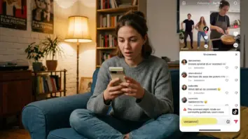 TikTok, KI-Moderation – Frau tippt TikTok-Kommentar und sieht KI-Moderation-Warnung auf dem Smartphone