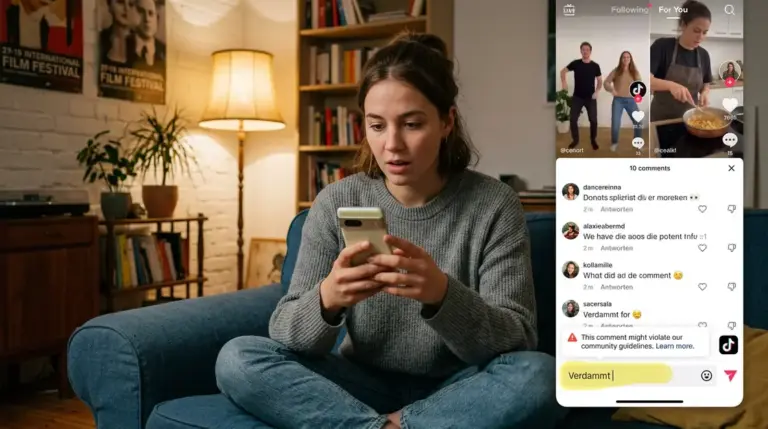 TikTok, KI-Moderation – Frau tippt TikTok-Kommentar und sieht KI-Moderation-Warnung auf dem Smartphone