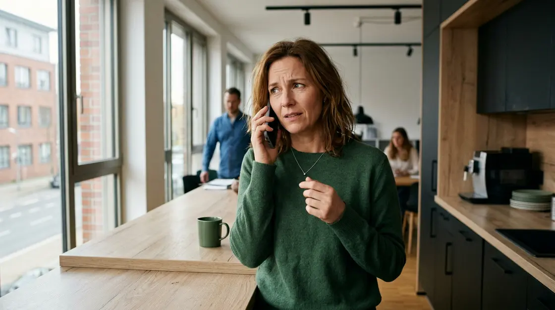 Frau in Büroküche mit Smartphone – Vishing-Angriff auf Unternehmensidentitäten