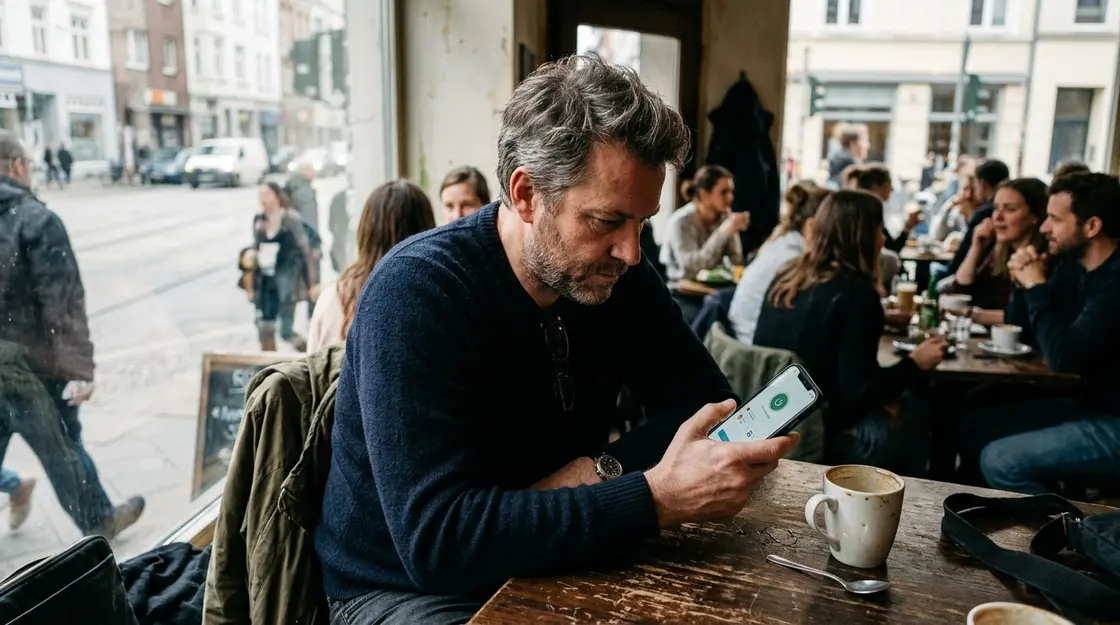 Mann prüft VPN-App auf Smartphone in öffentlichem Café nach NordVPN-Meldung