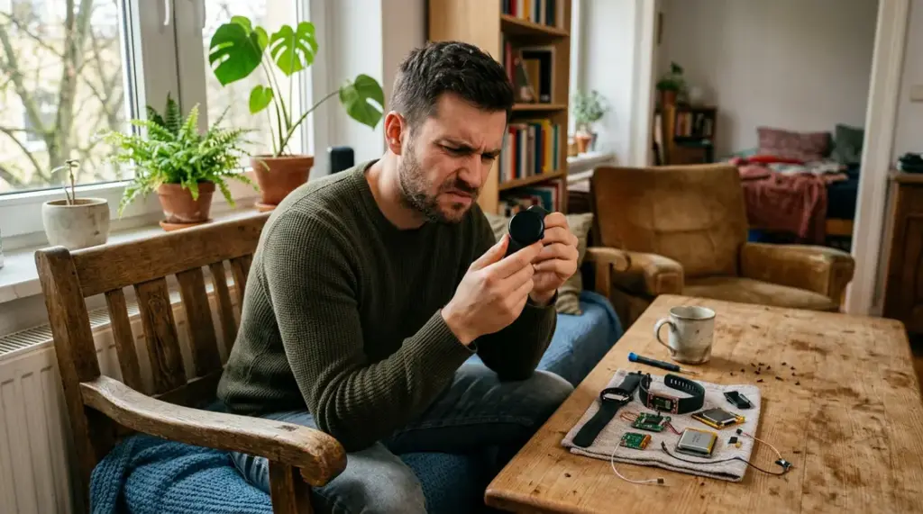 Wearables, On-Device-KI – Person untersucht Smartwatch-Innenleben auf Wohnzimmertisch – Wearables und On-Device-KI