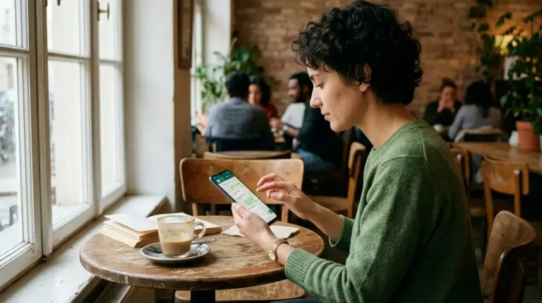 WhatsApp Gemini, On-Device-Übersetzung – Person nutzt WhatsApp Gemini Nano On-Device-Übersetzung auf Android-Smartphone im Café