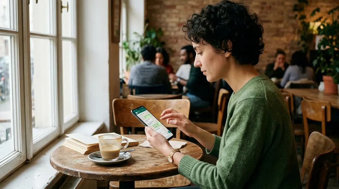 WhatsApp Gemini, On-Device-Übersetzung – Person nutzt WhatsApp Gemini Nano On-Device-Übersetzung auf Android-Smartphone im Café