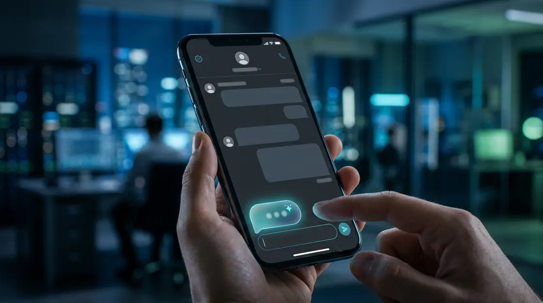 WhatsApp KI, Mobile AI – Smartphone zeigt WhatsApp KI Schreibassistent mit KI-Vorschlag im Texteingabefeld