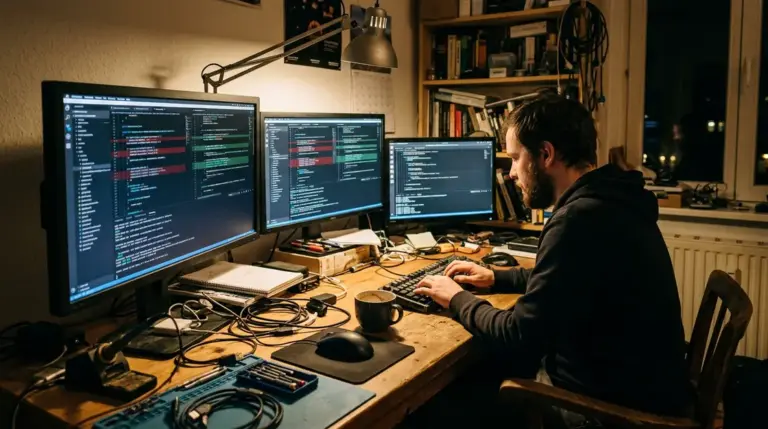 Windsurf, Agent Mode – Entwickler prüft Windsurf Agent Mode Diff-Ansicht auf mehreren Bildschirmen
