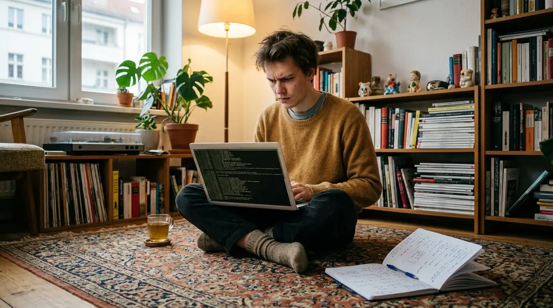 Entwicklerin analysiert Cascade Agent Terminal-Output auf dem Laptop im Wohnzimmer