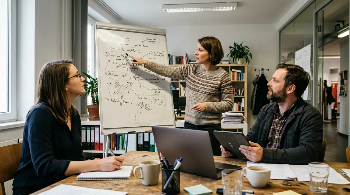 Team bespricht Workflow-Transparenz und Prozessdokumentation an einem Whiteboard