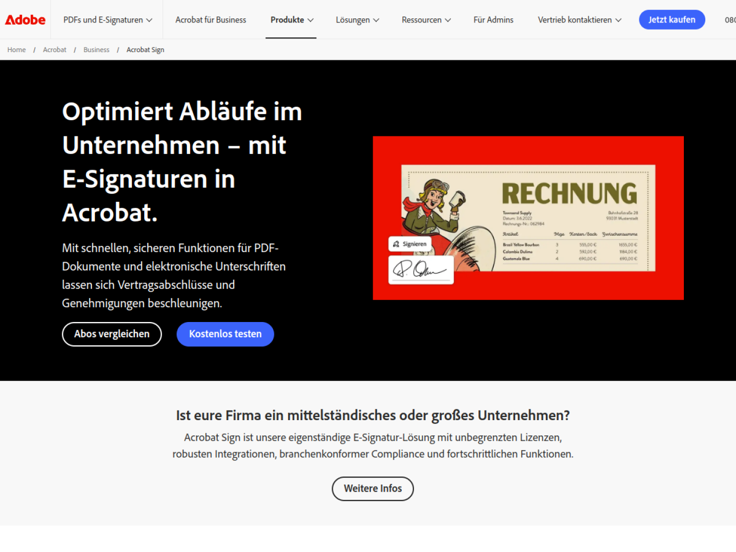 PDF digital signieren: Der ultimative Ratgeber für rechtssichere elektronische Unterschriften Screenshot der Adobe Acrobat Sign Website für PDF digital signieren