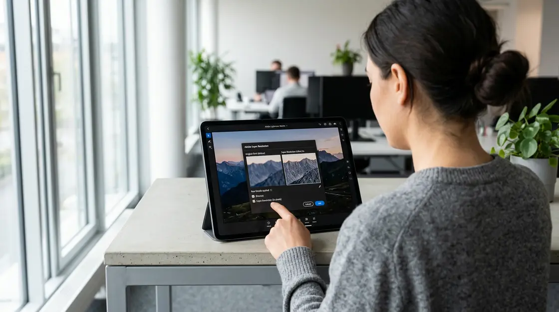 Adobe Lightroom Mobile mit Super Resolution Enhance-Funktion auf einem iPad