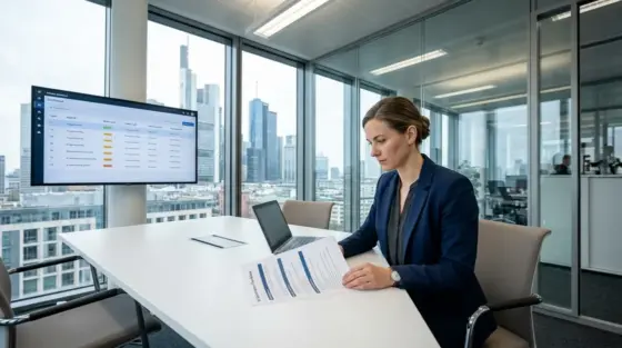 Agenten-Compliance, Haftungsverantwortung – Compliance-Managerin prüft Agenten-Register und Haftungsverantwortung für KI im Finanzsektor