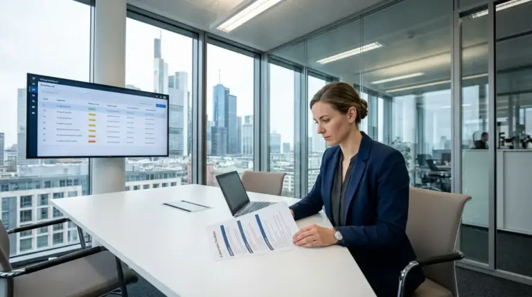 Agenten-Compliance, Haftungsverantwortung – Compliance-Managerin prüft Agenten-Register und Haftungsverantwortung für KI im Finanzsektor