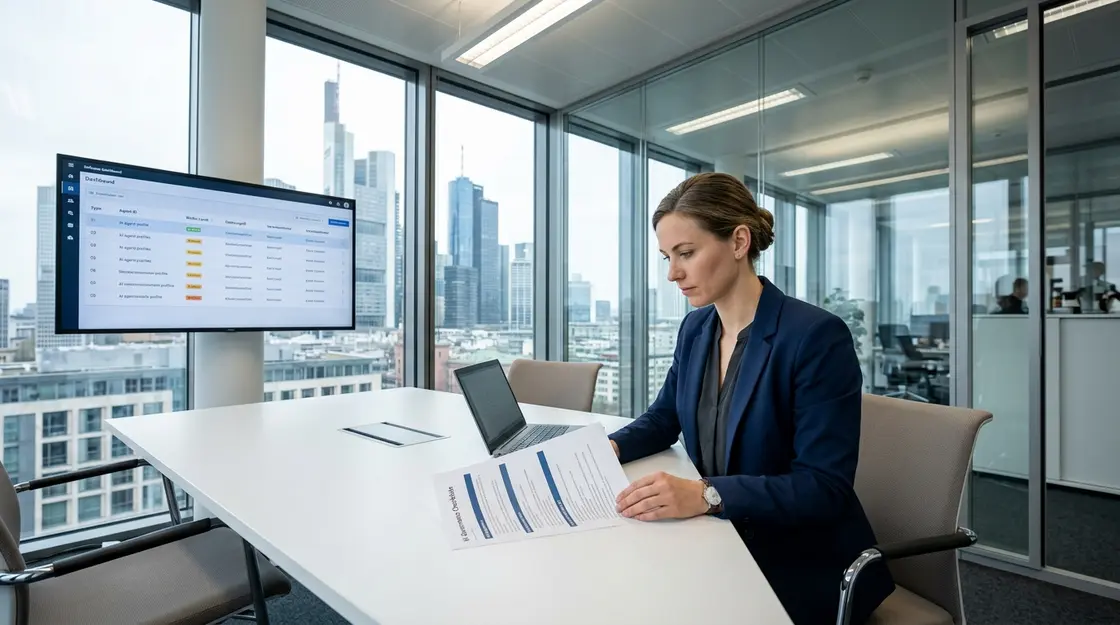 Agenten-Compliance, Haftungsverantwortung – Compliance-Managerin prüft Agenten-Register und Haftungsverantwortung für KI im Finanzsektor