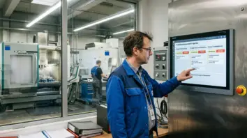 Agentic AI, KI-Agenten Adoption – Werksleiter vor KI-Agenten-Dashboard in deutschem Mittelstandsbetrieb