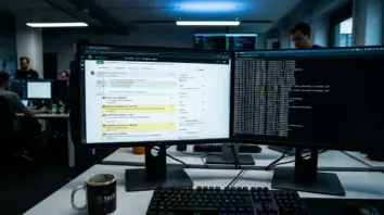 Agentic Code, DevOps-Agent – Entwickler-Workstation mit GitHub-PR und agentischer Code-Review-Pipeline auf zwei Monitoren