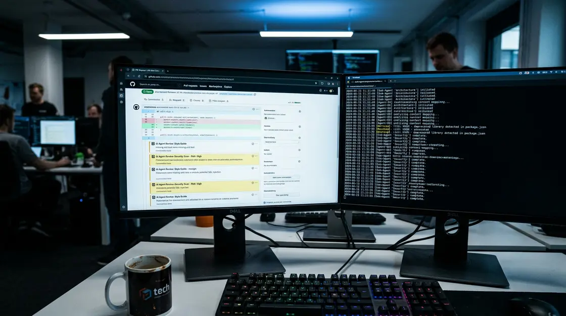 Agentic Code, DevOps-Agent – Entwickler-Workstation mit GitHub-PR und agentischer Code-Review-Pipeline auf zwei Monitoren