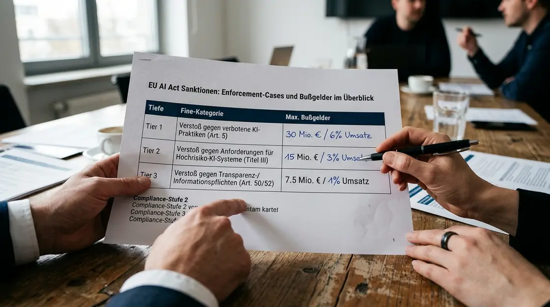 Ausgedruckte AI-Act-Bußgeldkategorien-Tabelle mit handschriftlichen Compliance-Notizen