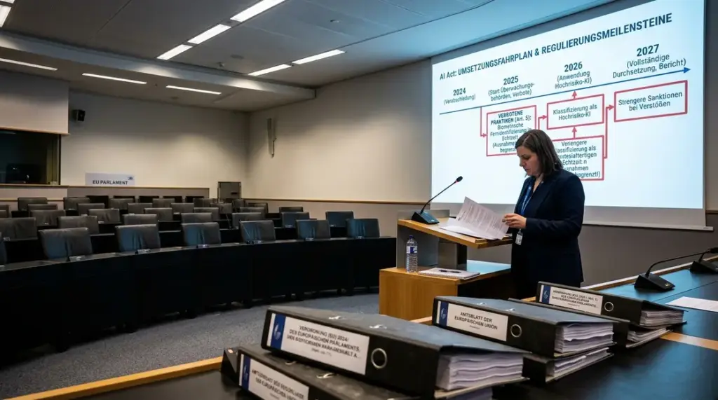 AI Act, biometrische Überwachung – EU-Parlamentsausschuss mit AI-Act-Zeitplan-Präsentation und biometrische Überwachung auf Regulierungsfolie
