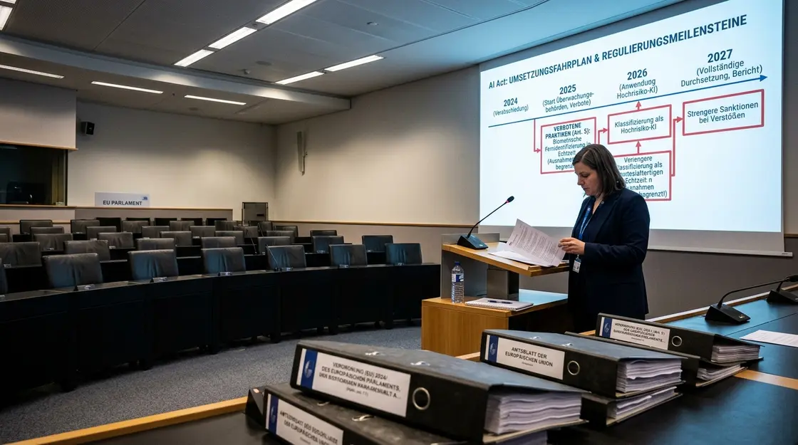 AI Act, biometrische Überwachung – EU-Parlamentsausschuss mit AI-Act-Zeitplan-Präsentation und biometrische Überwachung auf Regulierungsfolie