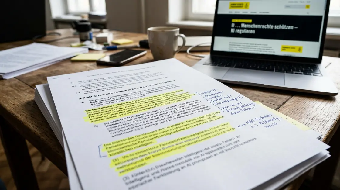 Ausgedruckter AI-Act-Text mit markierten Ausnahmeregelungen auf einem Schreibtisch