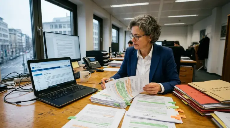 AI Act, Enforcement – Compliance-Officer prüft AI Act Sanktionen Dokumentation am Behördenschreibtisch