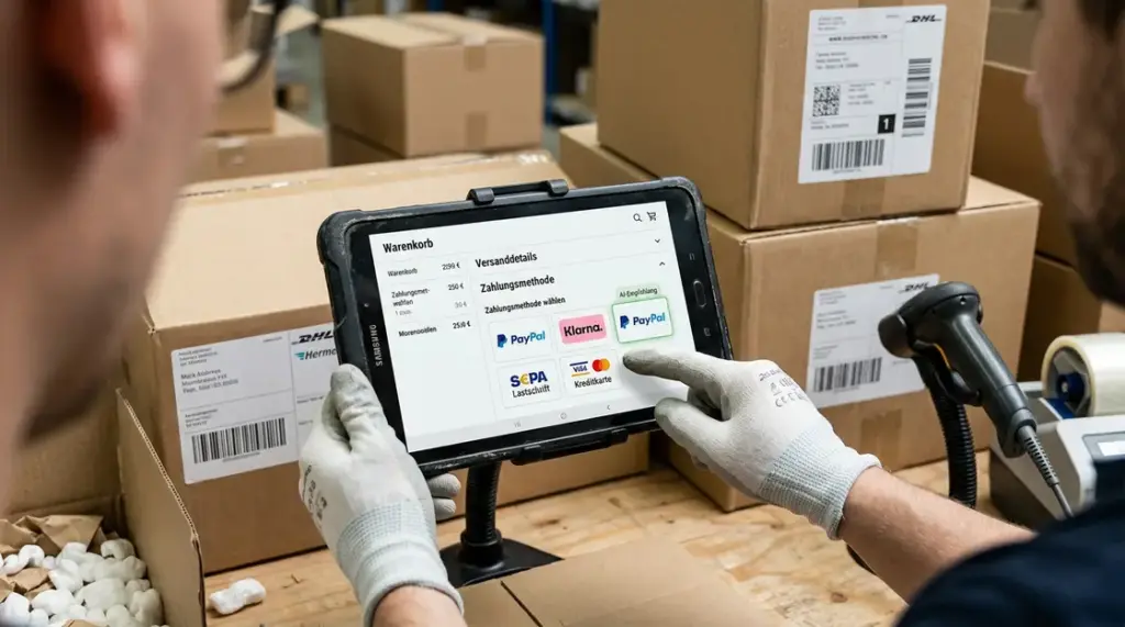 AI Checkout, Payment-Personalisierung – AI Checkout mit personalisierten Zahlarten auf einem Tablet im Fulfillment-Büro