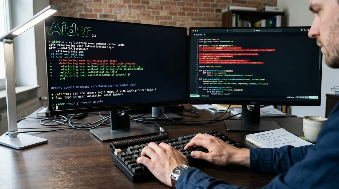 Aider, Terminal KI-Agent – Aider Terminal KI-Agent mit Git-Diff-Output auf zwei Entwickler-Monitoren