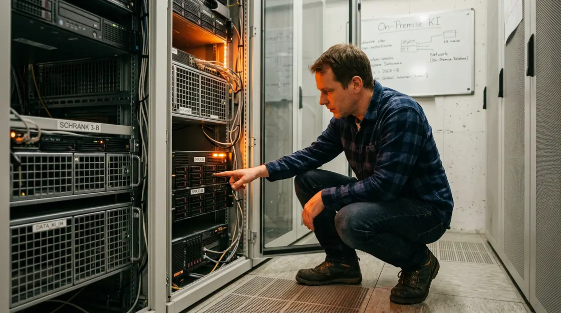 IT-Administrator vor On-Premise Server-Rack für Deutsche KI-Lösung