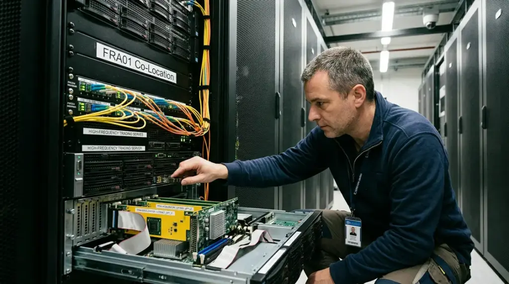 Algo-Trading, Latenz-Optimierung – IT-Engineer prüft FPGA-Karten im Co-Location-Rechenzentrum für Algo-Trading