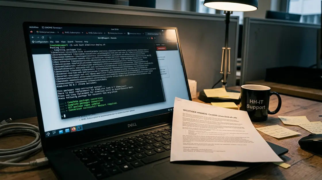 AlmaLinux-Migrationsskript im Terminal – CentOS-Migration in der Praxis