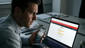 Amazon Phishing, Phishing – Amazon Phishing – Person erkennt gefälschte Amazon-Login-Seite am Laptop