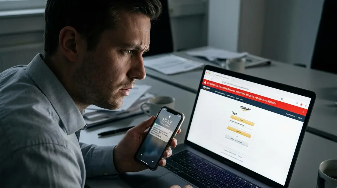 Amazon Phishing, Phishing – Amazon Phishing – Person erkennt gefälschte Amazon-Login-Seite am Laptop