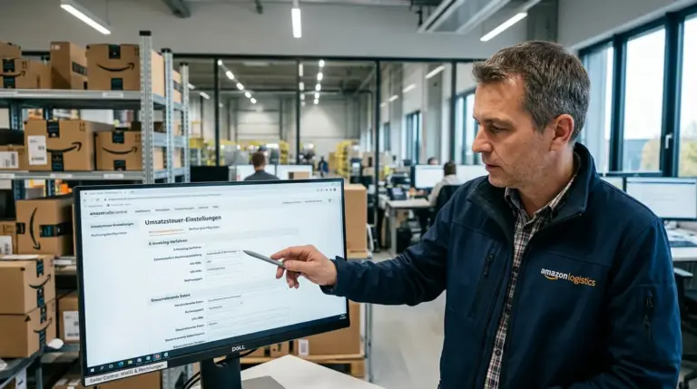 Amazon Seller, E-Invoicing – Amazon Seller Central VAT und E-Invoicing Einstellungen auf Monitor in Logistikbüro
