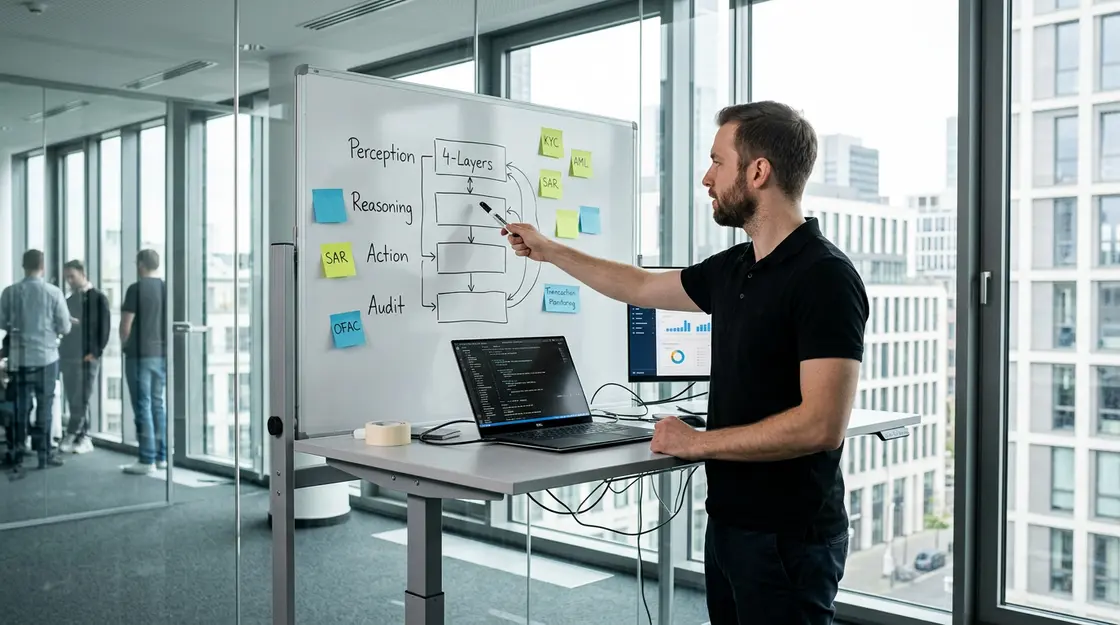 Entwickler erklärt 4-Schichten-Architektur eines Compliance-Agenten auf einem Whiteboard