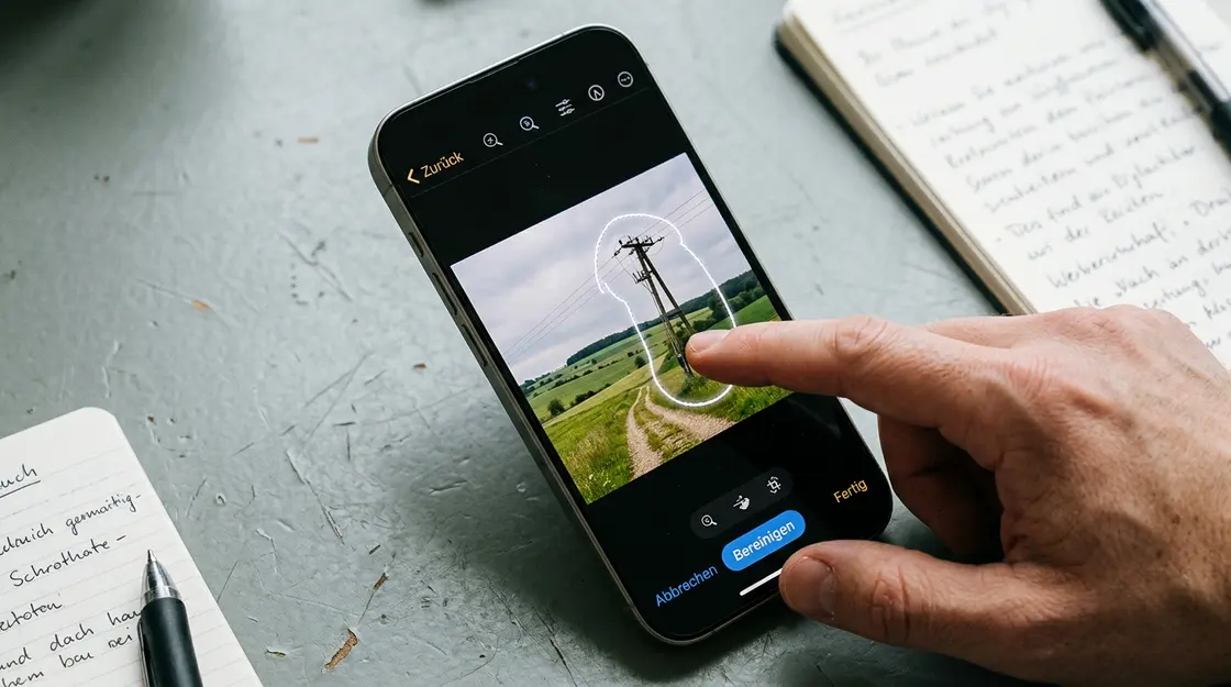 iPhone zeigt das Bereinigen-Werkzeug der Fotos-App unter iOS 26 mit Apple Intelligence