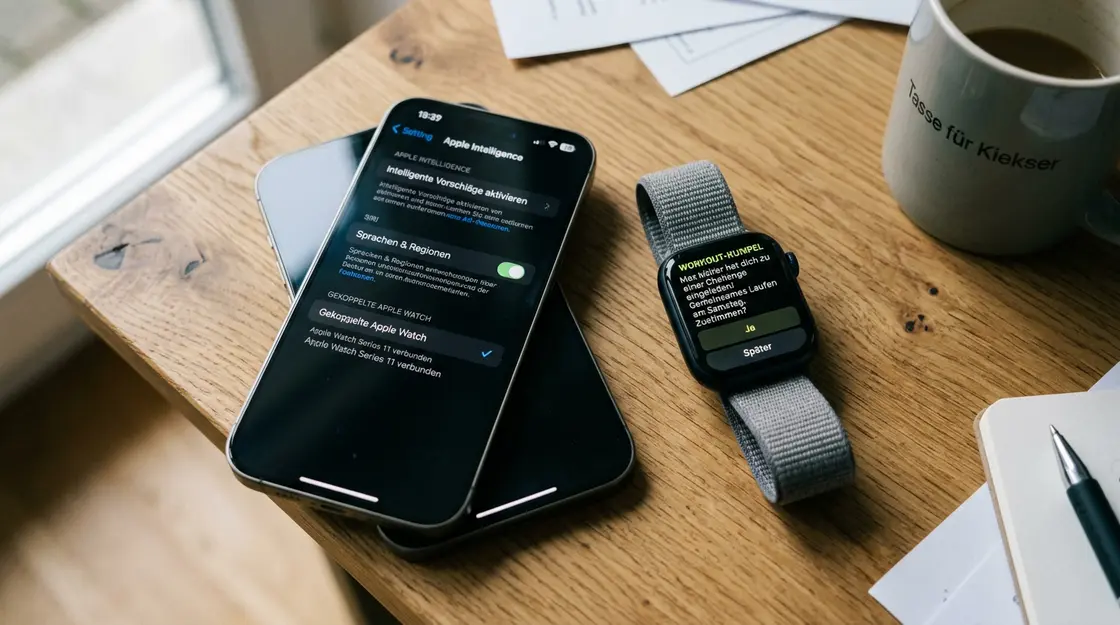 iPhone und Apple Watch Series 11 nebeneinander mit Apple Intelligence Einstellungen