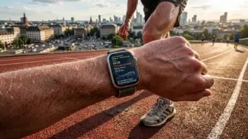 Apple Watch, Wearable KI – Apple Watch Series 11 am Handgelenk eines Läufers mit Fitness-Coaching-Anzeige