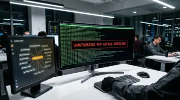 AutoGen Studio, Prompt-Injection – AutoGen Studio Sicherheitswarnung auf Entwickler-Monitor mit AutoJack MCP-Exploit-Kontext