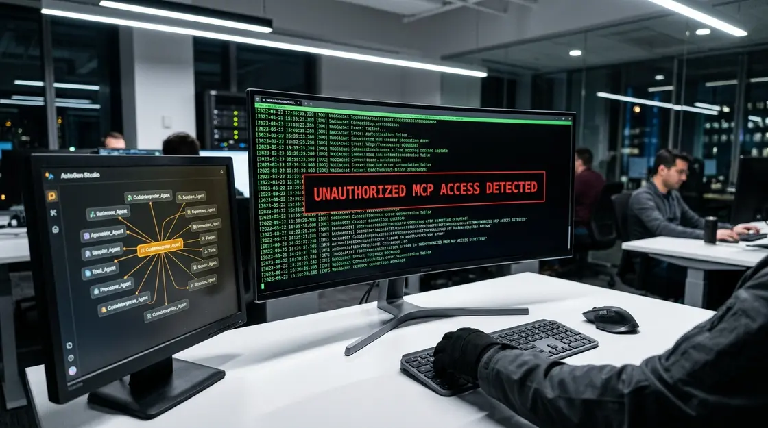 AutoGen Studio, Prompt-Injection – AutoGen Studio Sicherheitswarnung auf Entwickler-Monitor mit AutoJack MCP-Exploit-Kontext