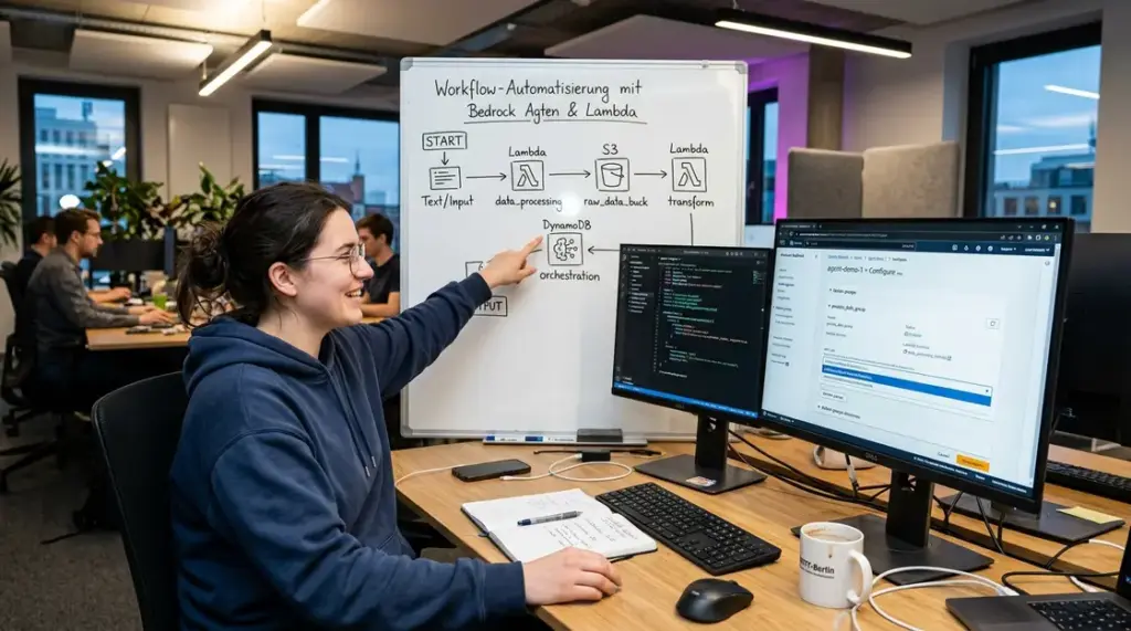 AWS-Agenten, Bedrock – Entwickler konfiguriert AWS Bedrock Agents in der AWS-Konsole mit Lambda und S3