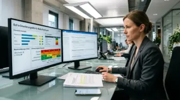 KI-Risikomanagement, Banken-Governance – Compliance-Mitarbeiterin einer deutschen Bank prüft KI-Risikomanagement-Dashboard nach BaFin-Orientierungshilfe