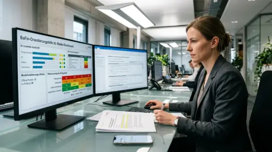 KI-Risikomanagement, Banken-Governance – Compliance-Mitarbeiterin einer deutschen Bank prüft KI-Risikomanagement-Dashboard nach BaFin-Orientierungshilfe