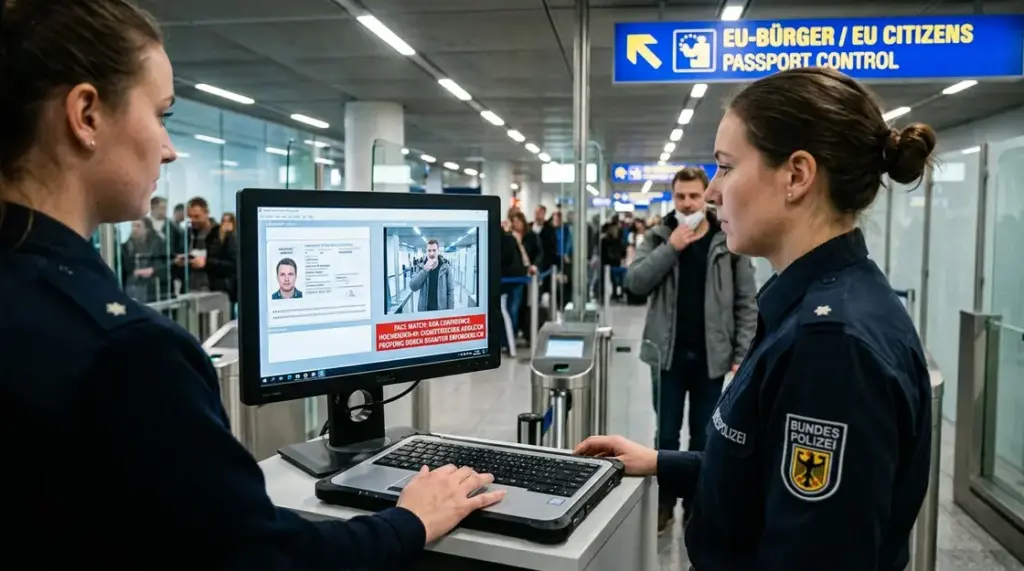 Biometrie-KI, Hochrisiko-Klassifizierung – Grenzschutzbeamter prüft Biometrie-KI-Matching an einem E-Gate-Terminal