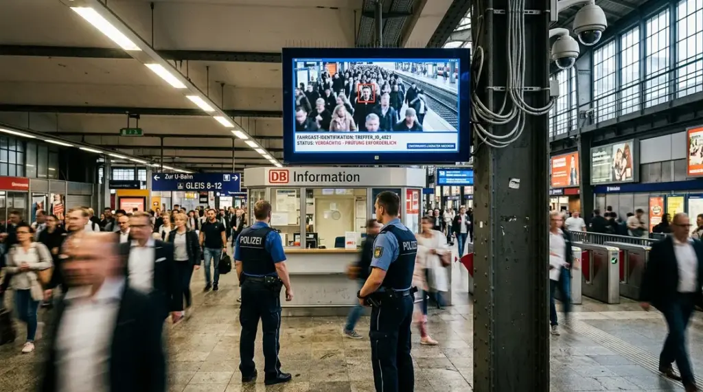 Biometrische Gesichtserkennung, Ausnahmen AI – Polizist vor Überwachungsmonitor mit biometrischer Gesichtserkennung im Bahnhof
