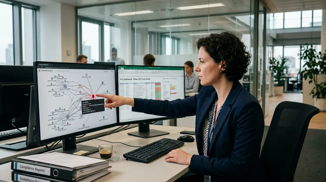 Blockchain-Analyse, Finanzforensik – Compliance-Analyst analysiert Blockchain-Transaktionsnetzwerk auf AML-Dashboard