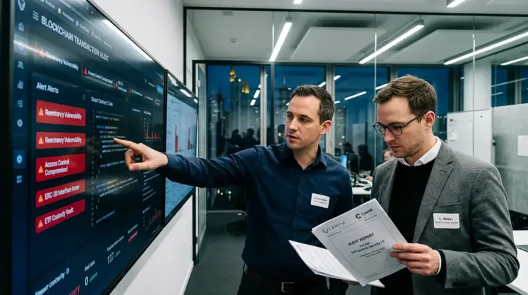 Blockchain Sicherheit, ETF, Smart Contracts – Finanzanalysten prüfen Blockchain-Sicherheitslücken in ETF-Smart-Contracts auf einem Audit-Dashboard