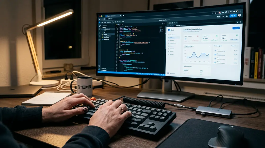 Entwickler arbeitet in Bolt.new Browser-IDE mit WebContainers und Live-Preview