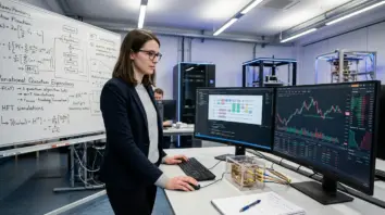 Broker-Konkurrenz, Quantenforschung – Broker-Konkurrenz und Quantenforschung: Entwicklerin im FinTech-Lab analysiert Quantenalgorithmen für Order-Routing